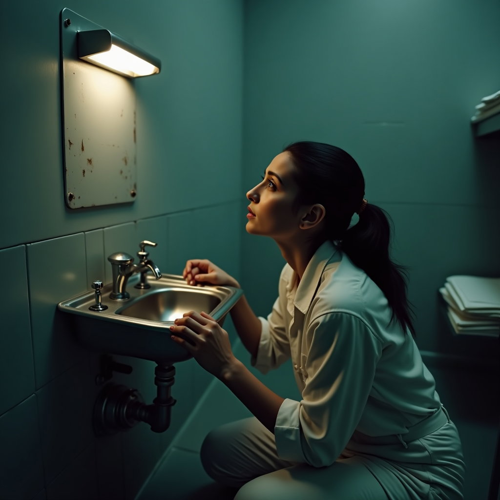 AI-generated photo: Photorealistic prison portrait photograph, the person is kneeling on the floor beside the stainless-...