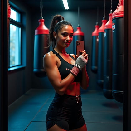 AI-generated photo: Photorealistic gym mirror selfie photo in a boutique boxing studio with a wall of hanging heavy bags...