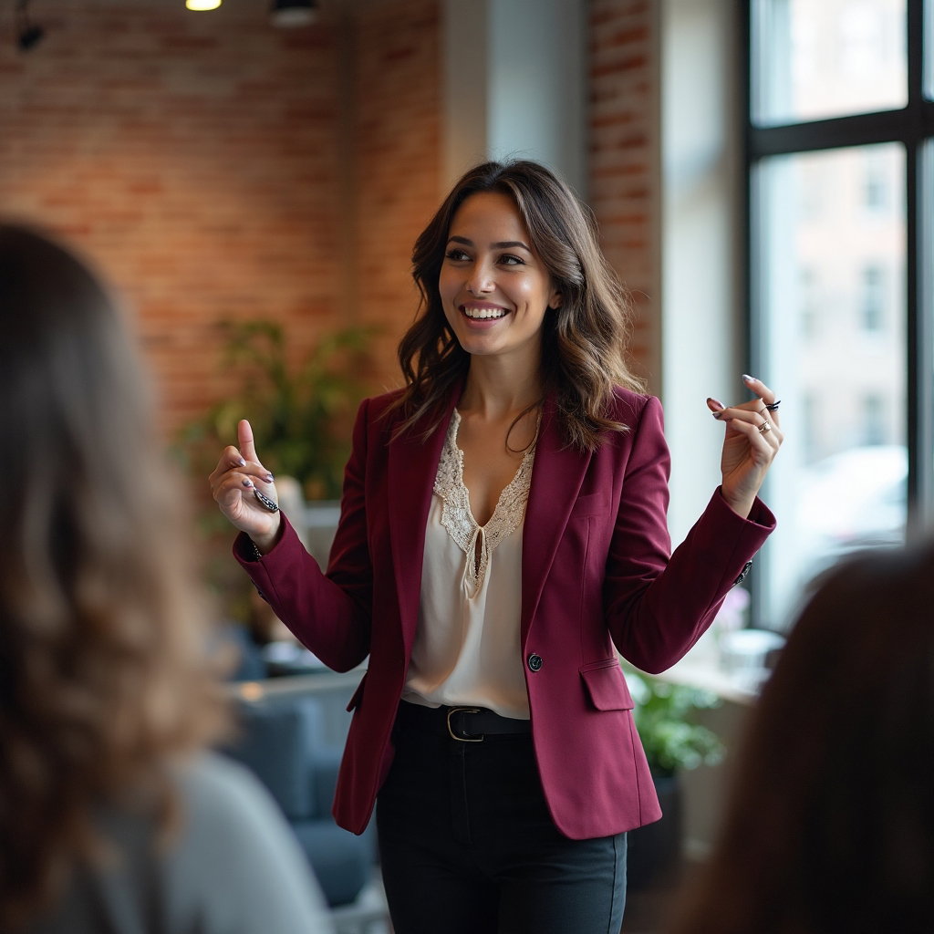 AI-generated photo: LinkedIn photo capturing a confident female entrepreneur during an animated presentation at a bustli...