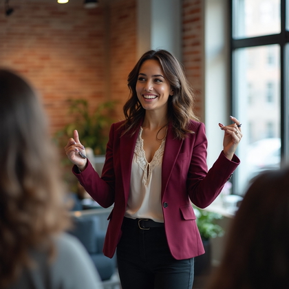 AI-generated photo: LinkedIn photo capturing a confident female entrepreneur during an animated presentation at a bustli...