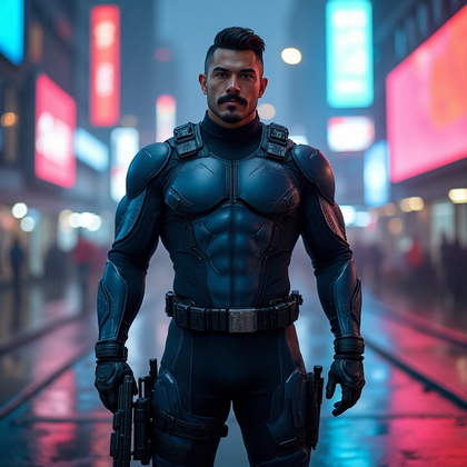 AI-generated photo: Cosplay photo featuring a sci-fi bounty hunter, donning a sleek, form-fitting bodysuit of matte blac...