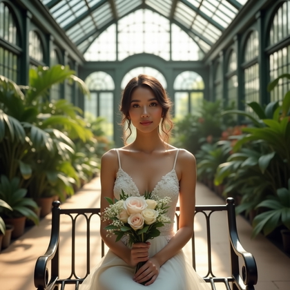 AI-generated photo: Photorealistic wedding photography inside a grand botanical conservatory with iron trusses and high ...