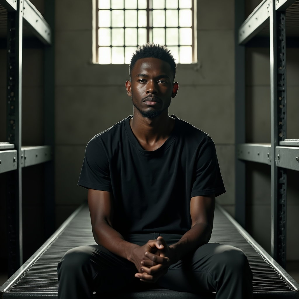 AI-generated photo: Photorealistic prison portrait photography style, person sitting on a narrow metal bunk inside a sma...