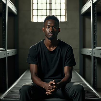 AI-generated photo: Photorealistic prison portrait photography style, person sitting on a narrow metal bunk inside a sma...