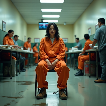 AI-generated photo: Photorealistic freshly processed prison portrait in a chaotic intake bullpen, where the subject sits...