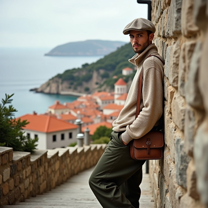 Off-Season Riviera Portraits With Cozy Coastal Style example: Photorealistic fashion portrait photography. Environmental portrait on a stone staircase above a seaside village, face c