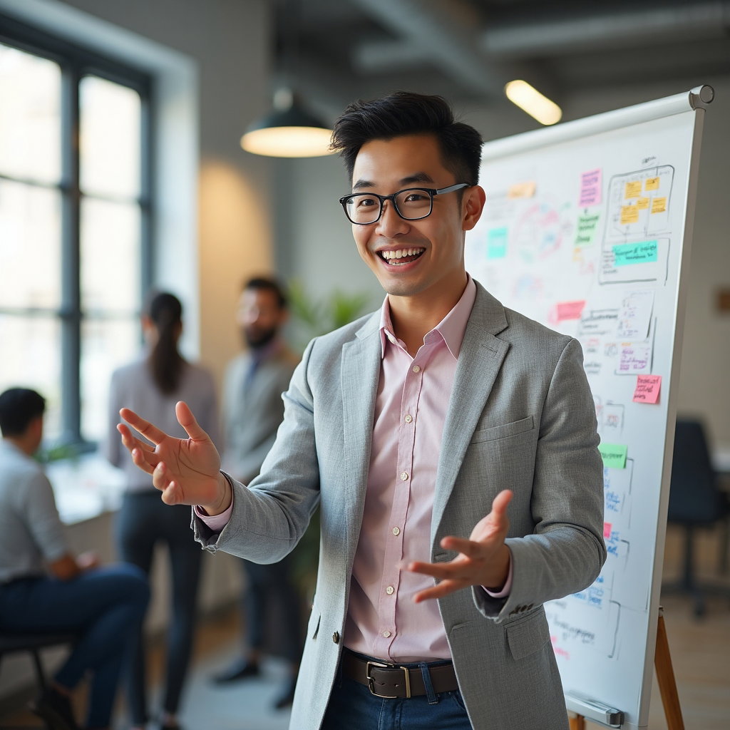 AI-generated photo: LinkedIn photo capturing a dynamic, collaborative work environment with a character dressed in a sma...