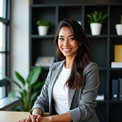 AI-generated photo: Professional headshot photograph captured near a standing desk in a minimalist startup office, with ...