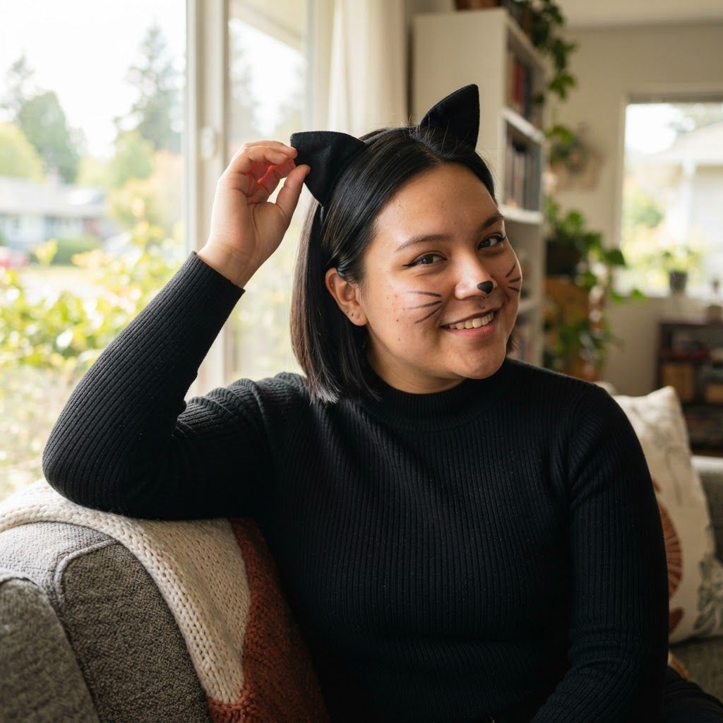 Black Cat Costume Close-Up: Relaxed close-up on a living-room sofa near a window.