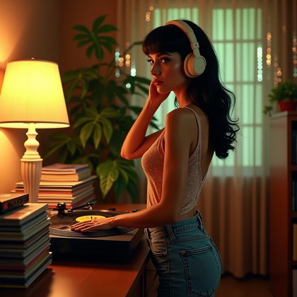 AI-generated photo: Photorealistic 1970s home-listening photograph in a walnut-paneled lounge with a credenza hi‑fi cons...