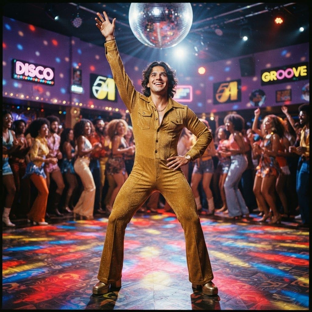 Retro Disco Star in Motion: Low, full-body view of a confident disco pose: feet set wide, one hand on his hip, the other arm reaching straight up.