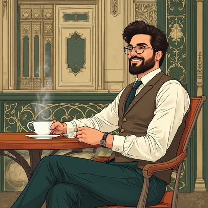 AI-generated photo: Art Nouveau illustration. Present a young man in a scenic outdoor café setting, enjoying a leisurely...