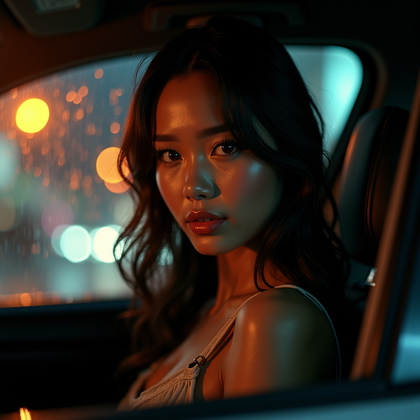 AI-generated photo: Photorealistic portrait photography. Parked car interior at night during drizzle, an amber streetlig...