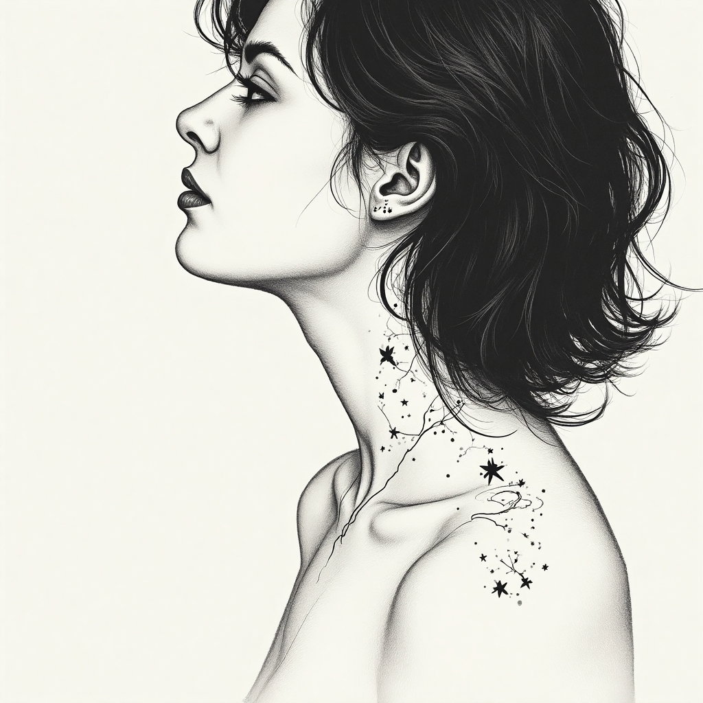 AI-generated photo: **Minimalist line art illustration** capturing a woman with a striking minimalist celestial tattoo d...