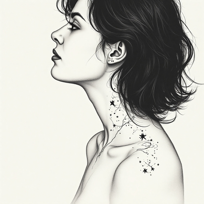 AI-generated photo: **Minimalist line art illustration** capturing a woman with a striking minimalist celestial tattoo d...