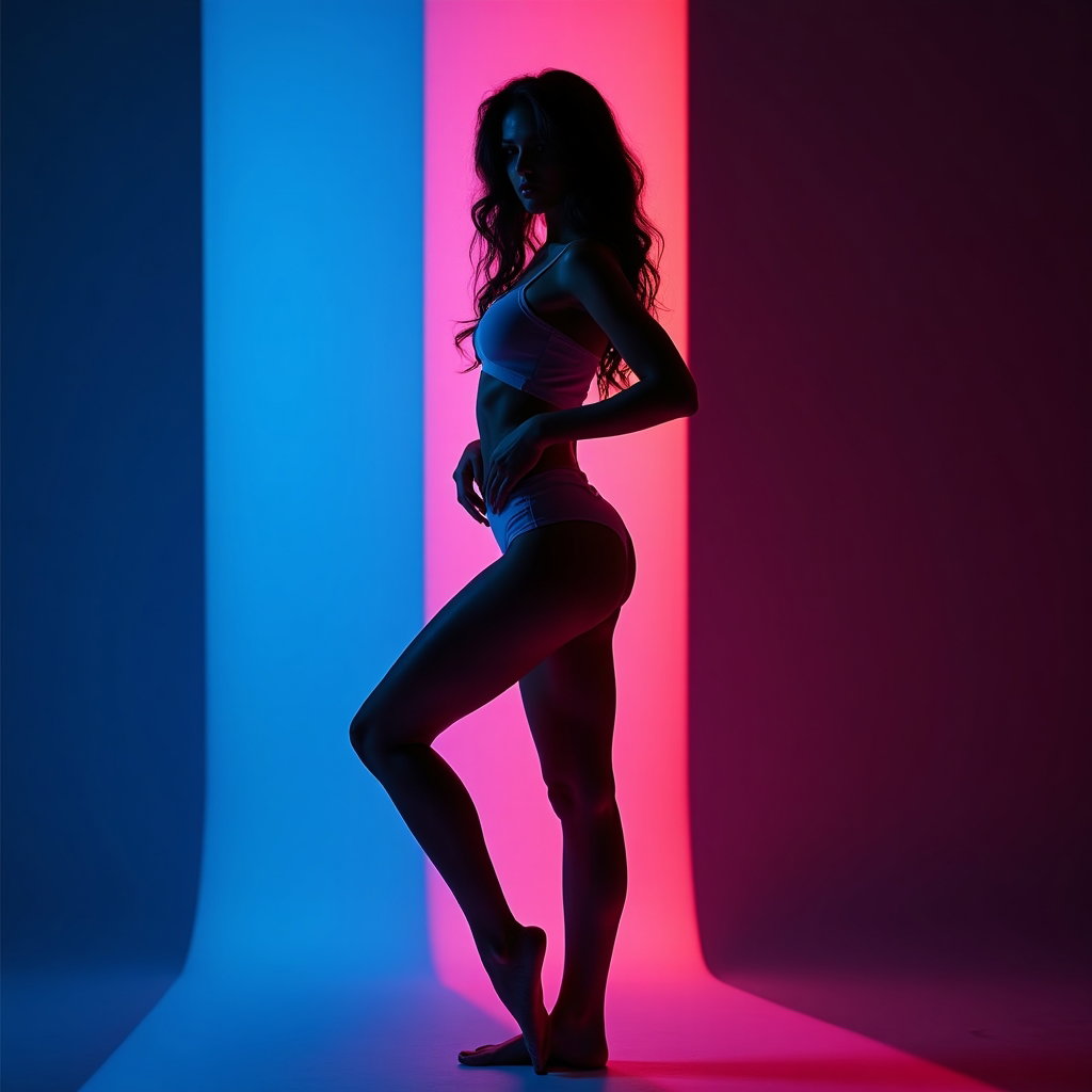 AI-generated photo: Photorealistic studio portrait photography of a full-body subject in a sensual, fashion-forward pose...