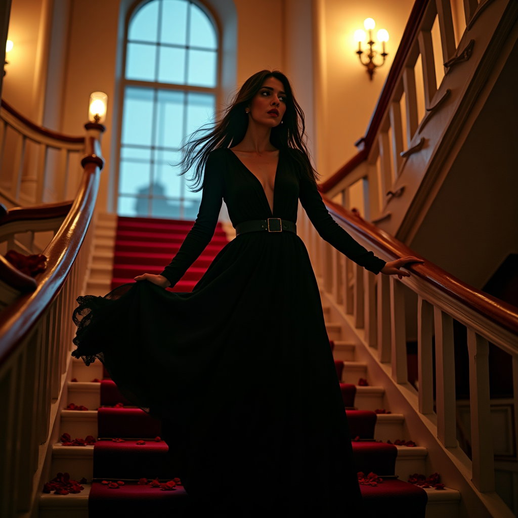 Regal Staircase Vampire Romance Portrait example: Cinematic gothic portrait photography. Motion portrait on a regal staircase, captured mid-turn while descending, with fl