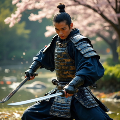 AI-generated photo: Cosplay dynamic action photo of a feudal samurai warrior in the midst of battle. The character dons ...