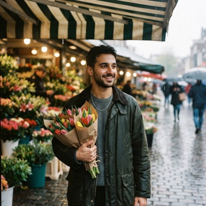 A single subject shelters beneath a striped awning at a rain-soaked flower market, holding a bundle of wrapped tulips. A dark green waterproof coat contrasts with colorful buckets of blooms. Soft daylight filters through the rain while shop lights glow behind; close three-quarter portrait, candid cinematic photography.