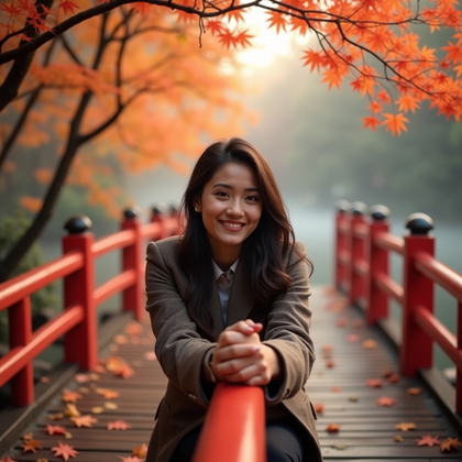 Photorealistic dating profile photo: misty dawn Japanese garden with a lacquered red footbridge under a canopy of fiery maple leaves, soft golden backlight filtering through foliage while the subject rests elbows lightly on the rail, head turned toward camera with an inviting, relaxed smile and layered smart-casual styling. Subtle morning haze adds depth; a warm key through leaves and a cool secondary fill from the pond balance tones for velvety skin rendering and luminous eyes. Composition uses arching branches as a frame-within-a-frame, fallen leaves scattered on the planks leading to the subject’s face as the focal point for a romantic, elegant mood.
