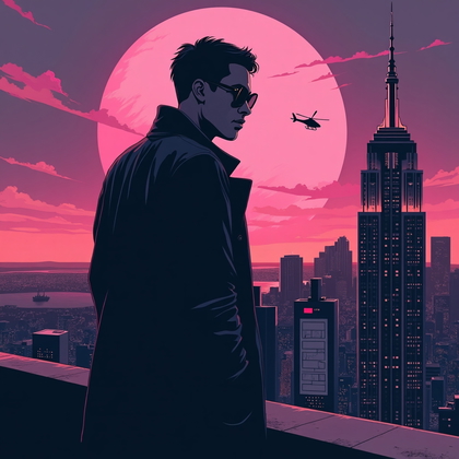 AI-generated photo: Vector poster illustration of a lone urban antihero standing on a skyscraper ledge at twilight, head...