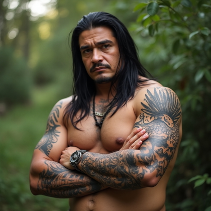 AI-generated photo: Photorealistic photography showcasing a 27 years old Native American man with a larger build, displa...