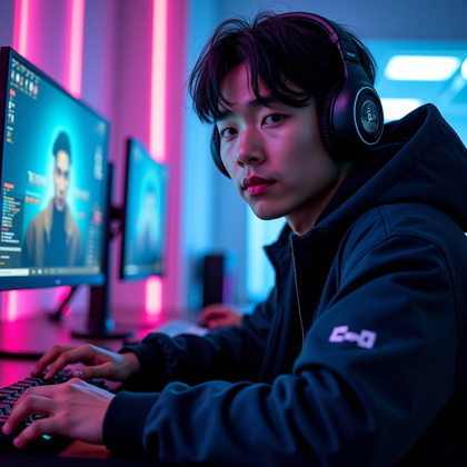 AI-generated photo: Photorealistic fashion editorial gaming portrait, close-up of a confident gamer in a dark neon-lit r...