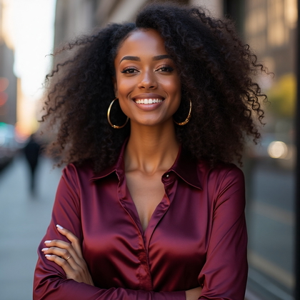 AI-generated photo: Confident Close-Up Portrait featuring a woman with a captivating aura, wearing a sleek silk blouse i...