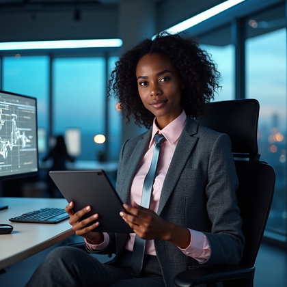 AI-generated photo: LinkedIn photo featuring a confident professional in a modern tech-driven workspace, surrounded by f...