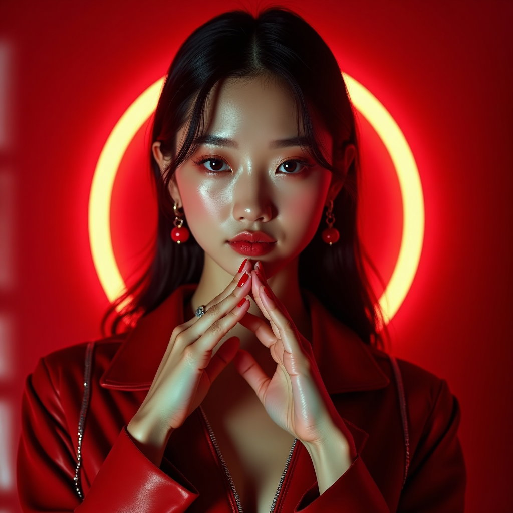 Sacred Seal Hand-Pose Portrait example: Cinematic K-pop fantasy close-up portrait photography. Tight beauty portrait in a lacquered crimson ritual dressing room