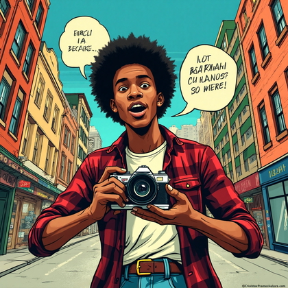 AI-generated photo: Pop Art illustration. Present a young man with a vintage camera, capturing the vibrant essence of a ...