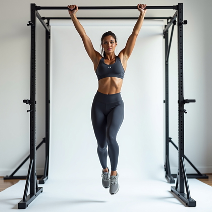 AI-generated photo: Photorealistic fitness photography of a clean white cyclorama studio with a polished chrome freestan...