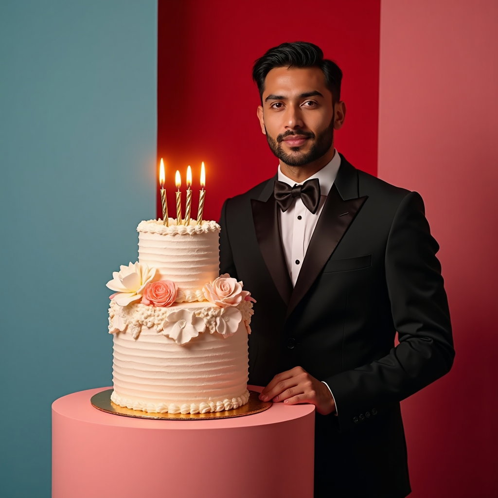 Milestone Birthday Portraits That Feel Grown-Up example: Photorealistic portrait photography. Editorial hero image with the subject centered beside a sculptural birthday cake on