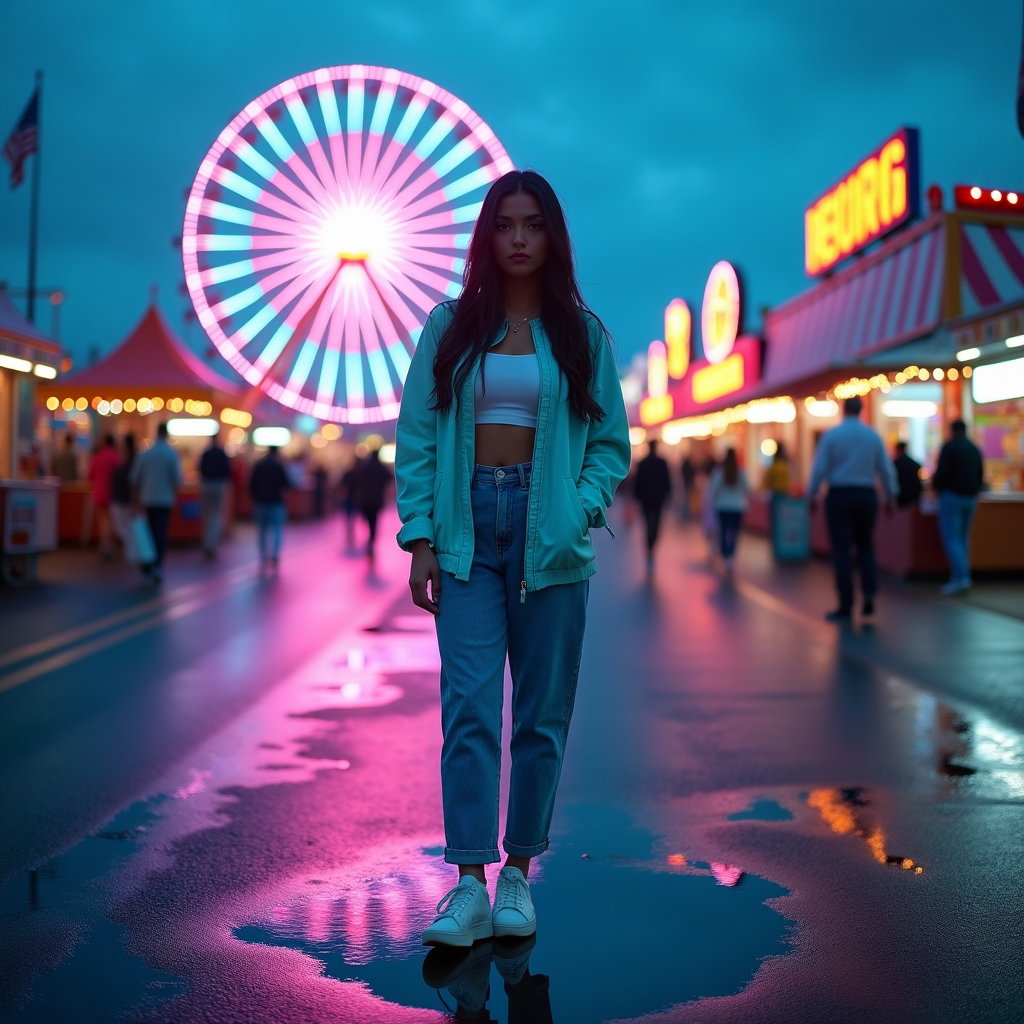 Ferris Wheel Daydream Portrait example: Photorealistic cinematic festival portrait photography. Full-body portrait on a rain-glossed side lot just outside the r
