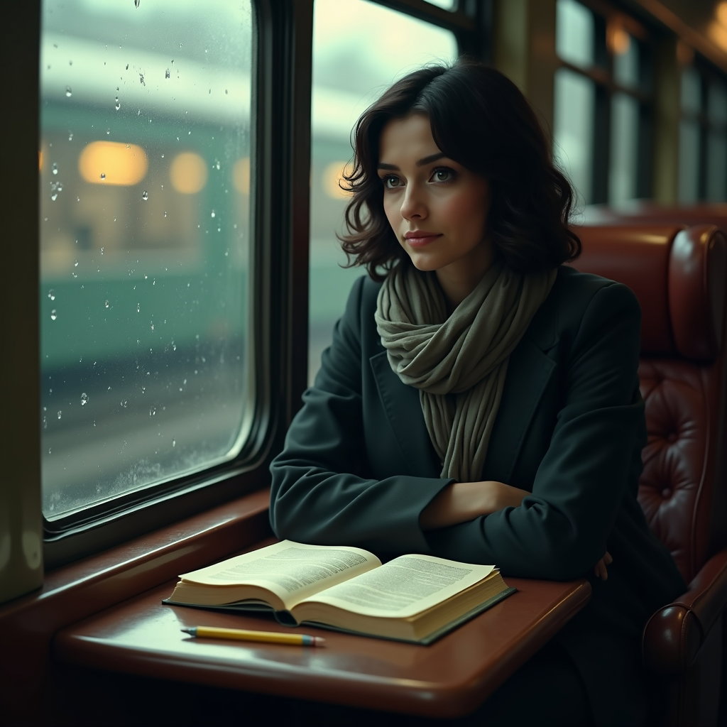 Train Window Study: Quiet three-quarter portrait of one person at a train window table, seated with one elbow on the sill and a paperback spread open beside a…