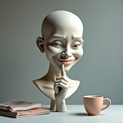 AI-generated photo: Clay sculpture caricature maquette — a studio tabletop setup with a painted paper cyclorama in pale ...