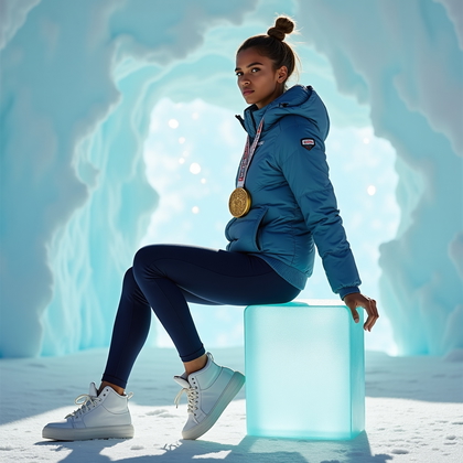 AI-generated photo: Photorealistic fashion sports photography of a Winter Olympics-inspired medal shot where the athlete...