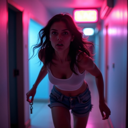 Neon Motel Hallway Survivor Portrait example: Cinematic horror portrait photo. Motion-action portrait of the subject running down a motel hallway toward the viewer, f