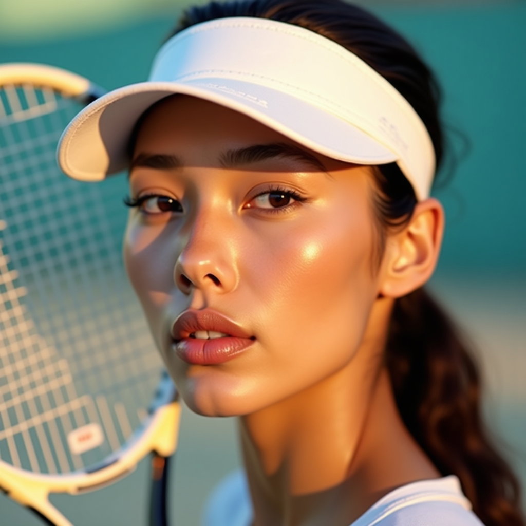 Close-Up Tenniscore Beauty Portraits With Visor or Cap example: Photorealistic beauty portrait photography. Extreme close-up tenniscore portrait with a crisp white visor, glossy lip fi