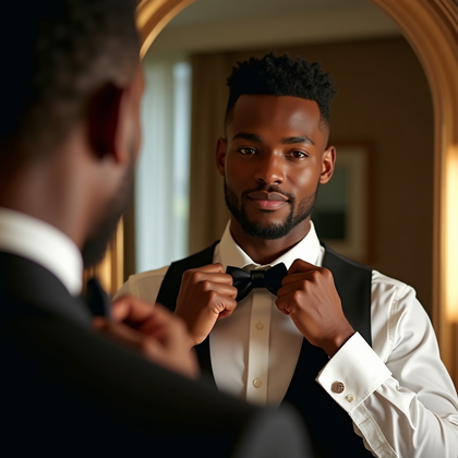 AI-generated photo: Photorealistic editorial wedding photo; mirror-view bow tie adjustment in a chic hotel suite, the su...