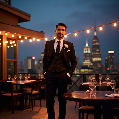 AI-generated photo: Photorealistic wedding portrait photo at a rooftop bar just after sunset, full-length stance with th...