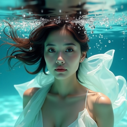 AI-generated photo: Photorealistic underwater fashion photography, close-up portrait of a person surrounded by a flowing...