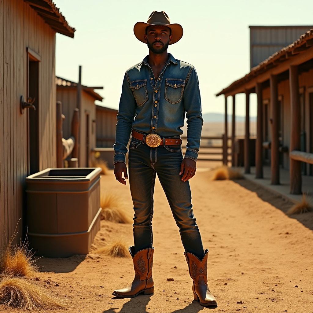 AI-generated photo: Photorealistic fashion photography, a striking western fashion image staged in a frontier-style ranc...