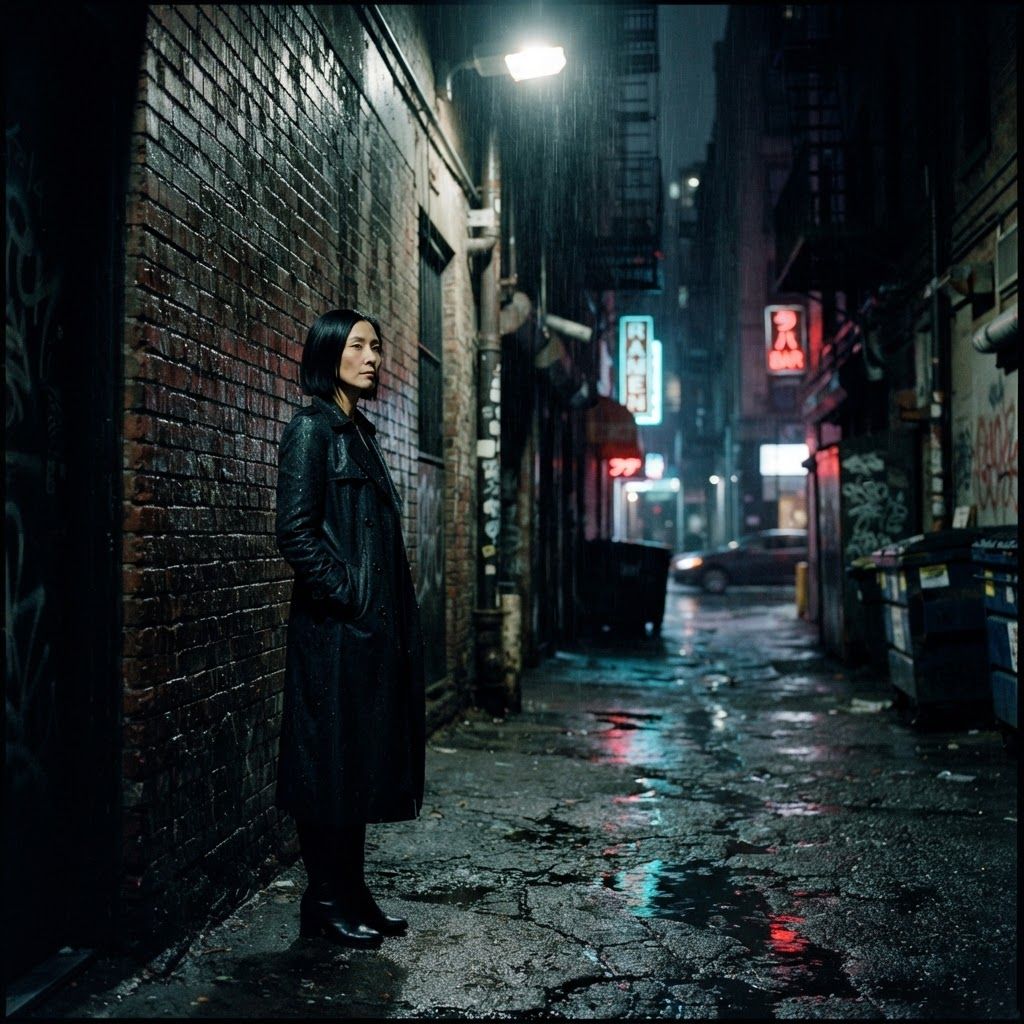 Rainy Alley Stakeout: Full-body cinematic neo-noir stakeout scene with one person paused beside a damp brick wall in a wet alley, hands in long coat pockets, body…