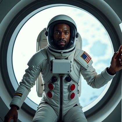 AI-generated photo: Photorealistic sci-fi portrait photography. A victorious “I belong here” hero portrait inside a moon...