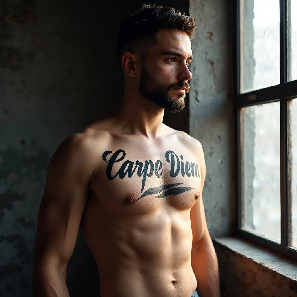 AI-generated photo: Photorealistic photography of a young man with a motivational script tattoo on his upper chest. The ...