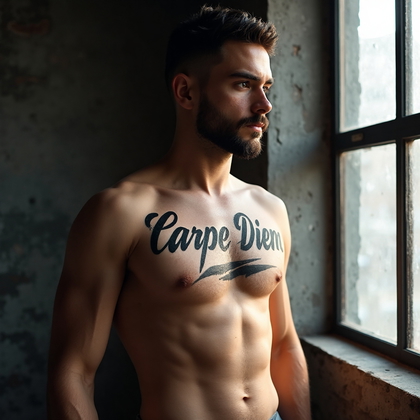 AI-generated photo: Photorealistic photography of a young man with a motivational script tattoo on his upper chest. The ...