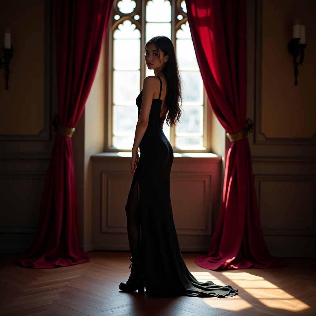 Gothic Window Silhouette Portrait example: Dating profile photo, full-body portrait standing in front of a grand Gothic window with dramatic backlighting creating