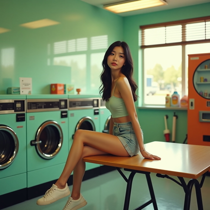 Photorealistic lifestyle portrait photography: inside a retro laundromat with mint-green machines and chrome trim, the subject sits on a wood-and-metal folding table with one knee turned toward the camera, shoulders relaxed, and a playful head tilt that keeps the face fully unobstructed and engaging. Sunlight slants through venetian blinds to stripe the back wall while soft overhead fluorescents provide even key light, and a snack vending machine casts a faint amber accent along the jawline for warmth. Styling is casual streetwear with a fitted top and clean sneakers; reflections ripple in the machine doors, pastel detergent boxes stack as color pops, and a shallow depth of field frames the subject on the rule-of-thirds for a flirtatious, modern vibe.