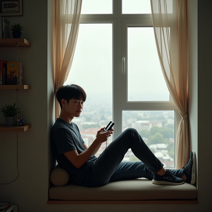 AI-generated photo: Photorealistic portrait photography. A chill gamer perches sideways on a window seat in a small apar...